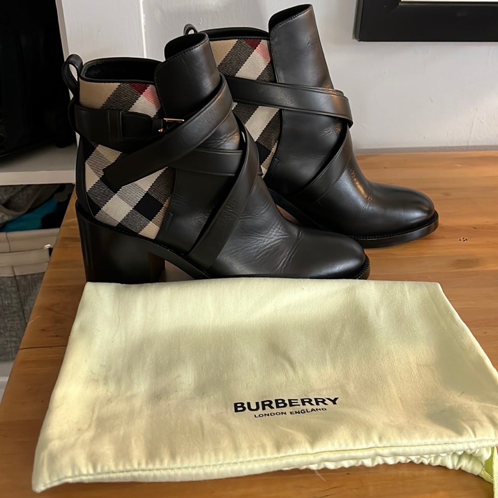 Burberry House Check and Leather Ankle Boots.